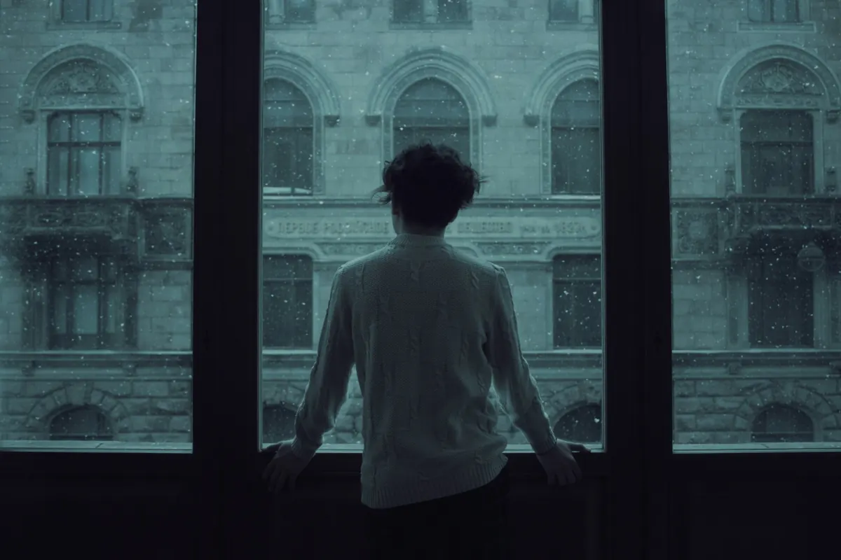 A person in a sweater standing at a tall window, watching snow fall on a city street