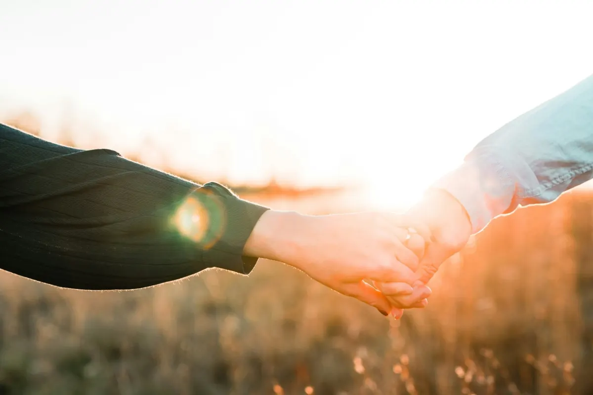 Two people holding hands in a field at sunset