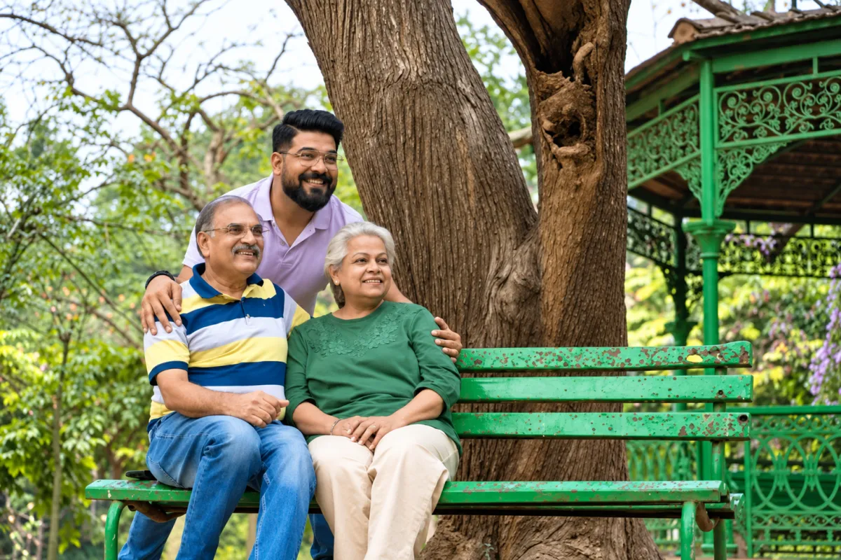 A smiling grown-up son standing behind his parents on a green park bench, his hands on their shoulders